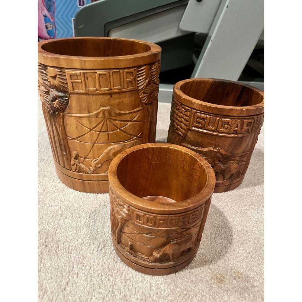 Vintage Hand Carved Wood Canister Set Flour Sugar Coffee Philippines 3pc